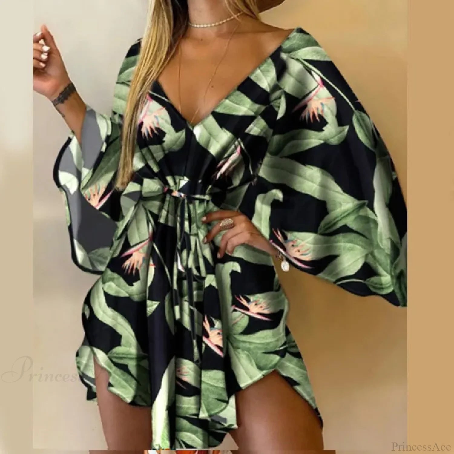 Sexy V-neck Bat Sleeve Bohemian Floral Beach Sundress Green / S oldfloraldress-250126