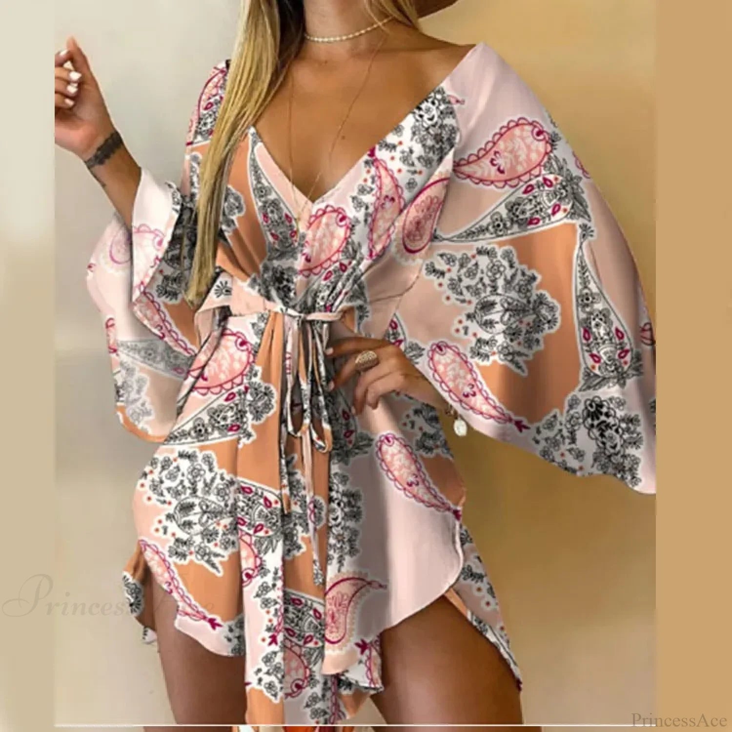 Sexy V-neck Bat Sleeve Bohemian Floral Beach Sundress Pink / S oldfloraldress-250126
