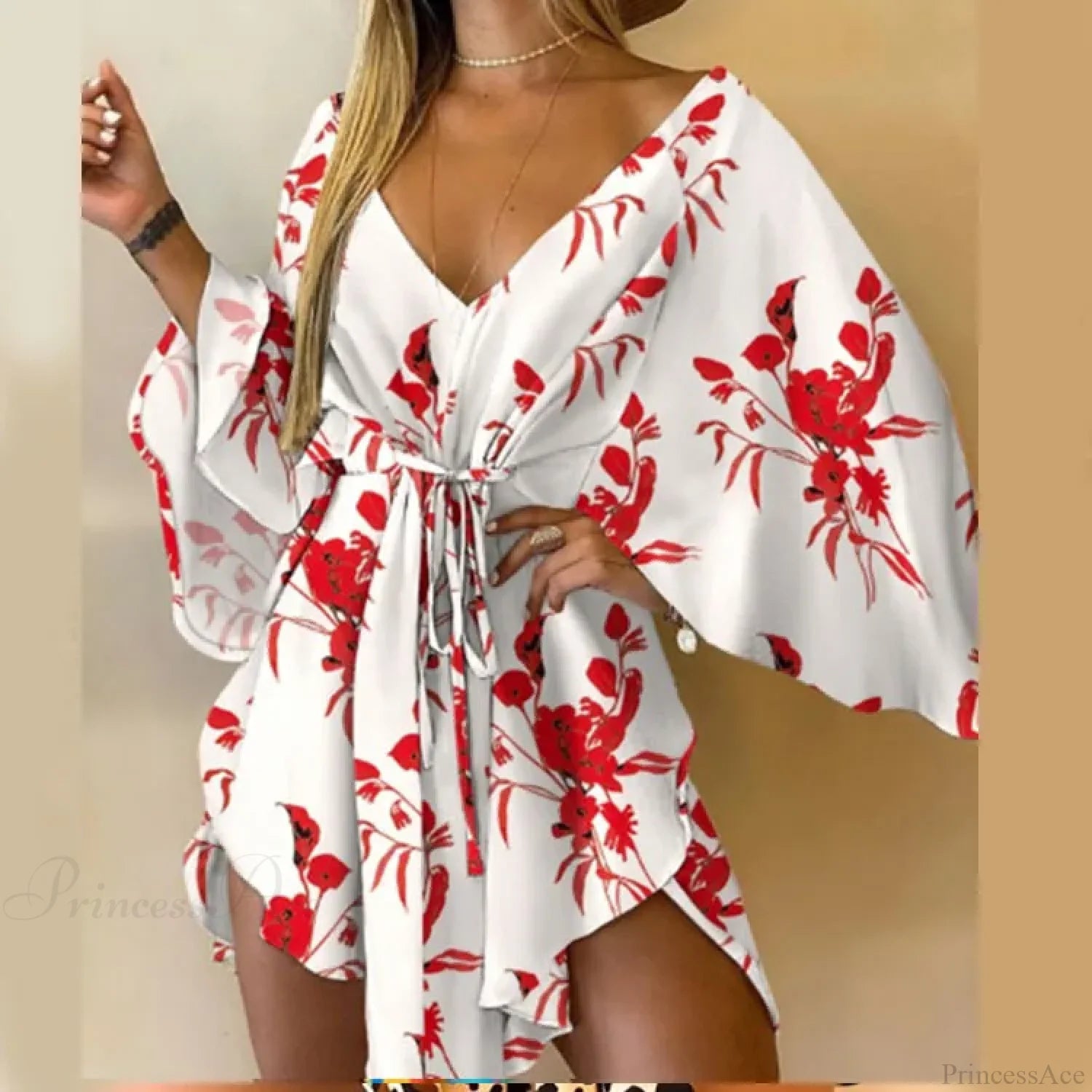 Sexy V-neck Bat Sleeve Bohemian Floral Beach Sundress WHITE / S oldfloraldress-250126