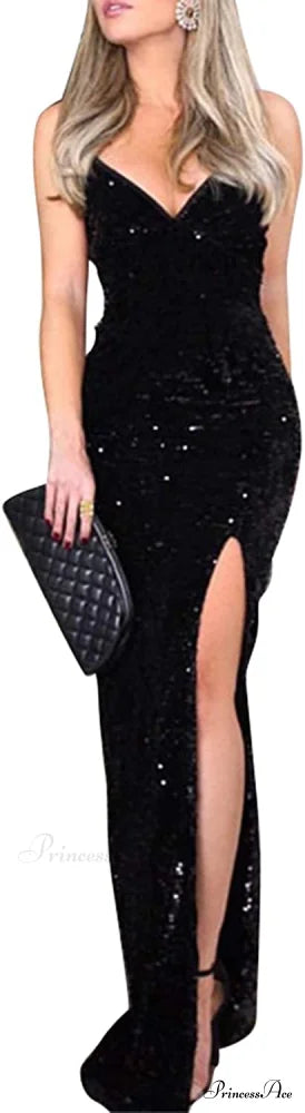 Sexy V Neck Bodycon Sequin Gown Christmas Evening Dress A-Black / 14