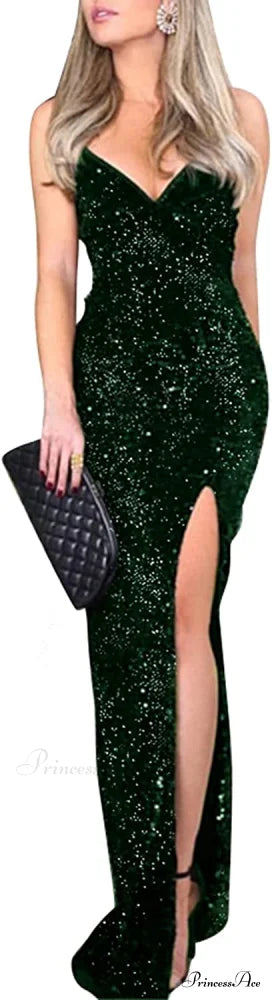 Sexy V Neck Bodycon Sequin Gown Christmas Evening Dress A-Green / 2