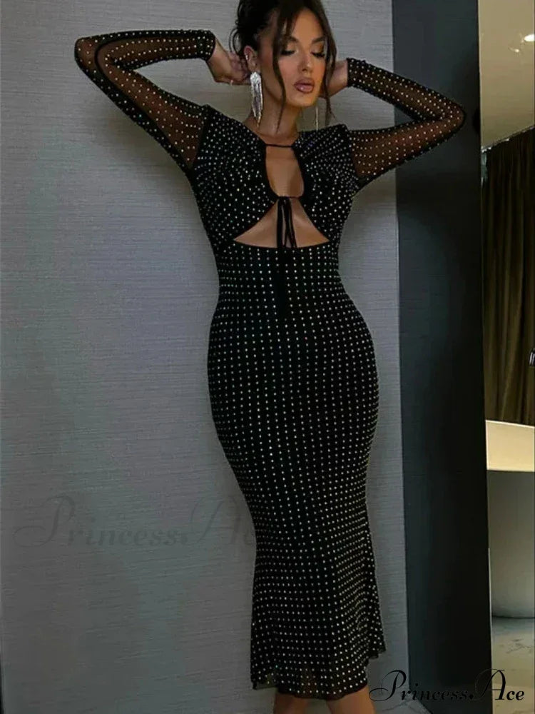 Sexy V Neck Cutout Long Sleeve Glitter Diamonds Black Christmas Party Dress Dresses-L