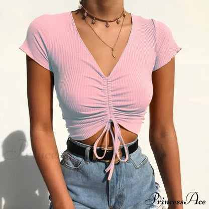 Sexy V Neck Drawstring Tie Up Front Camis Crop Top