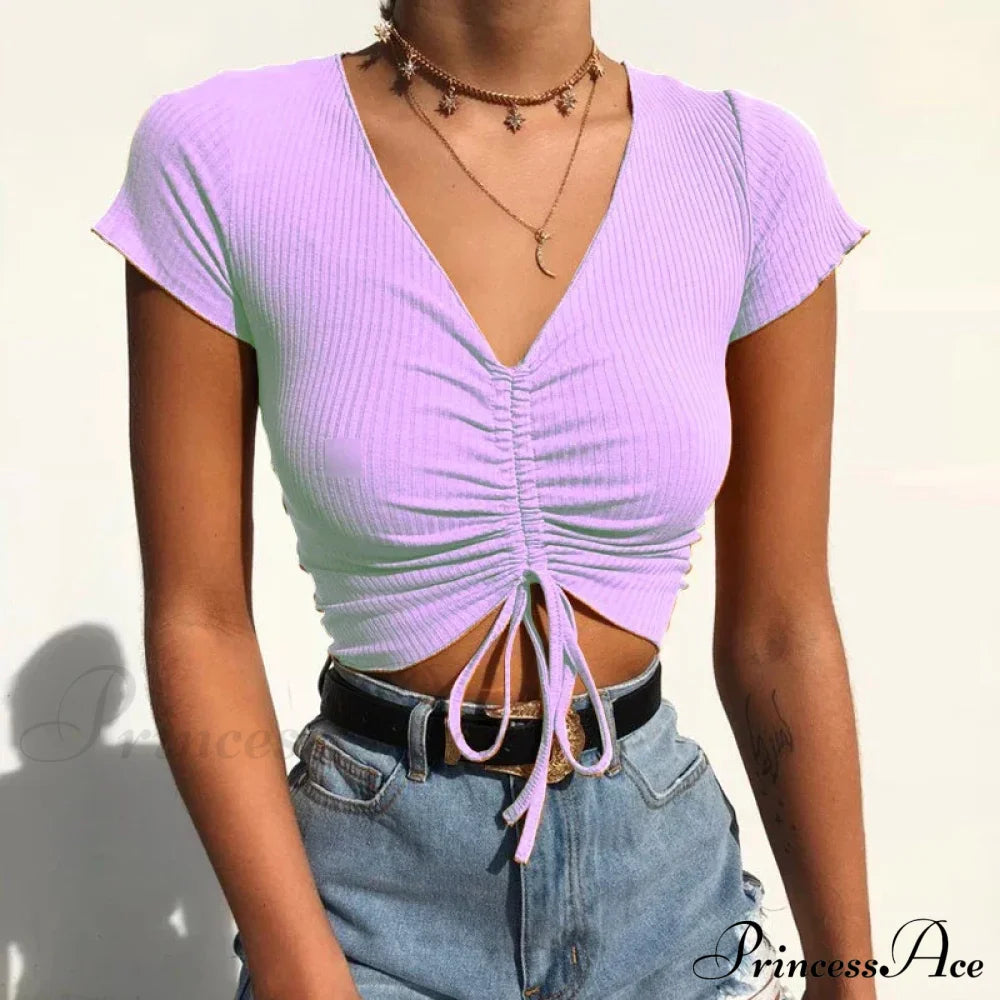 Sexy V Neck Drawstring Tie Up Front Camis Crop Top