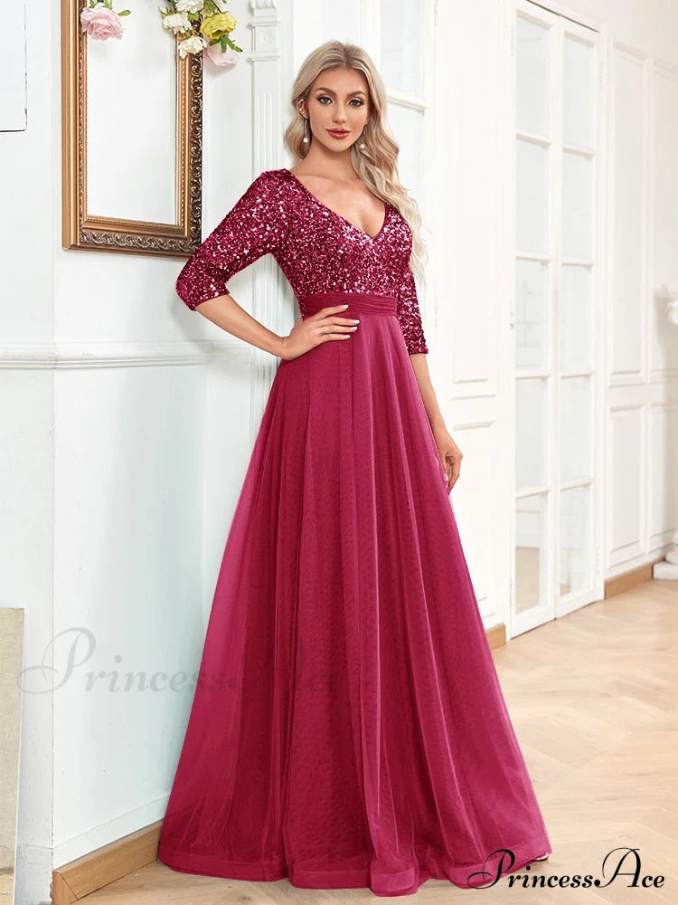 Sexy V-Neck Graceful Chiffon Evening Dress Fushia / 4