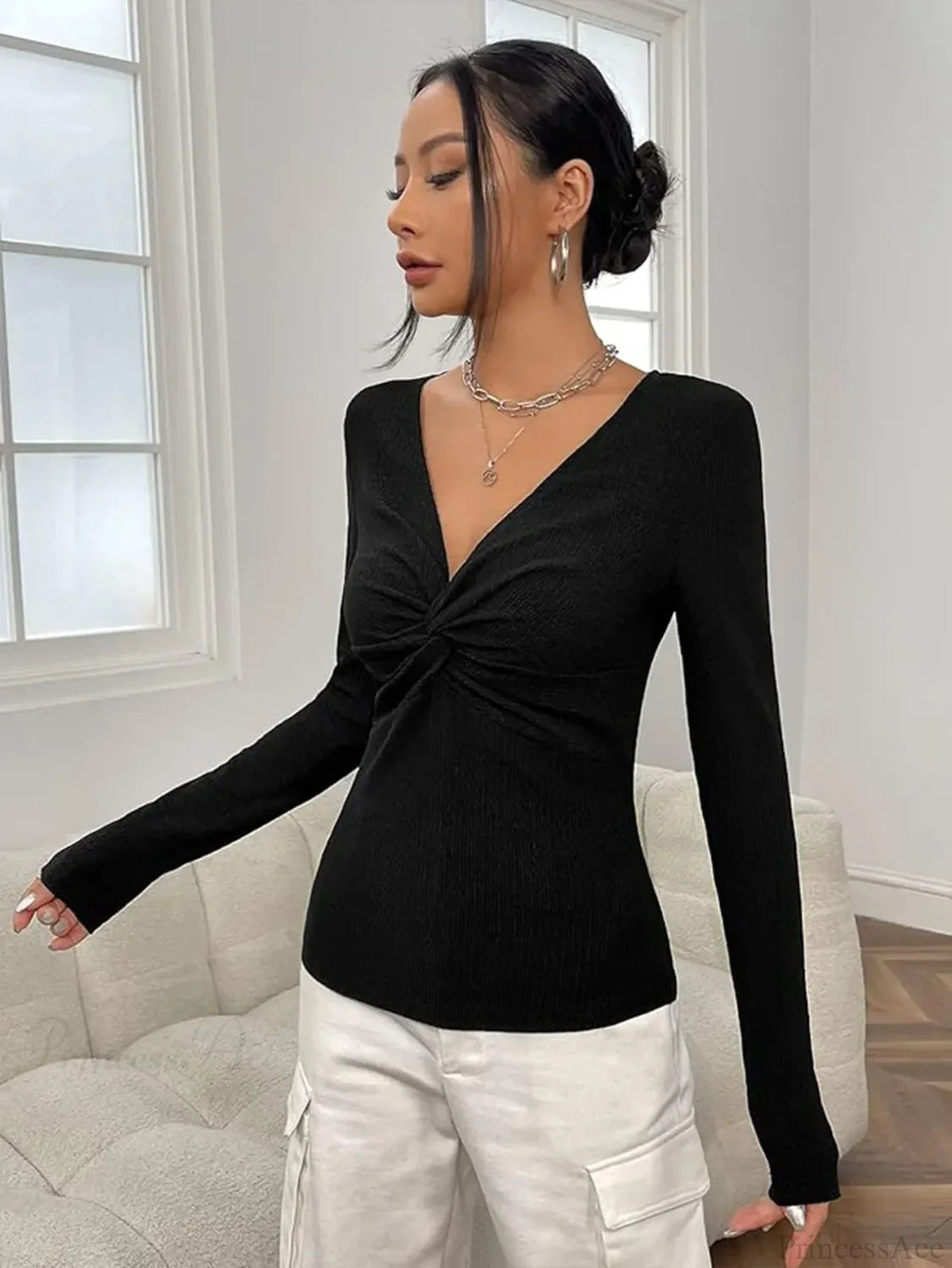 Sexy V-Neck Knitted Base Shirt Figure Slim Fit Top Women knittop-250126