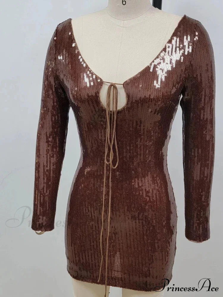 Sexy V Neck Long Sleeves Backless Sequin Mini Dress Women Christmas Party Chocolate / Xs Dresses-L