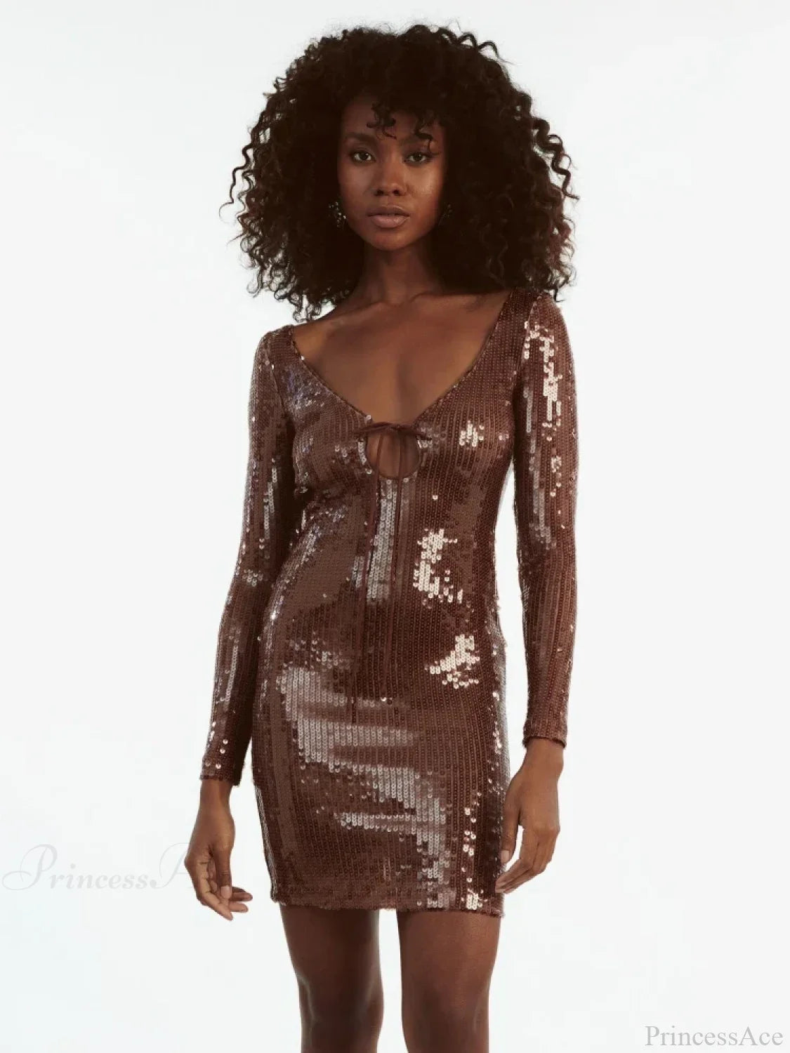 Sexy V Neck Long Sleeves Backless Sequin Mini Dress Women Christmas Party Dresses-L