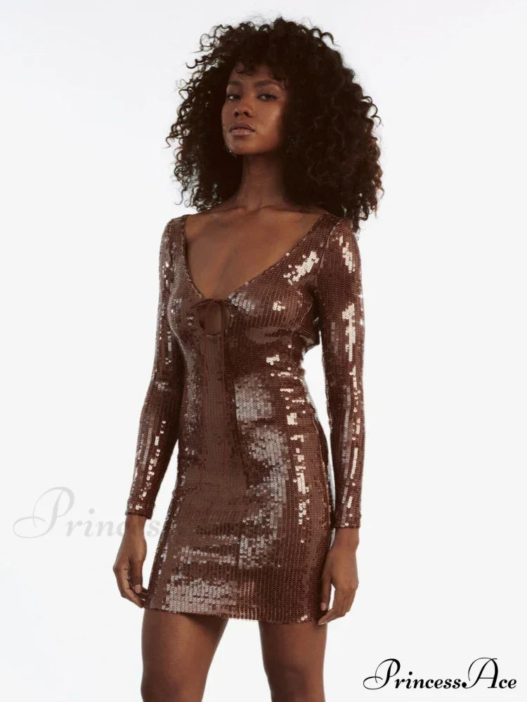 Sexy V Neck Long Sleeves Backless Sequin Mini Dress Women Christmas Party Dresses-L