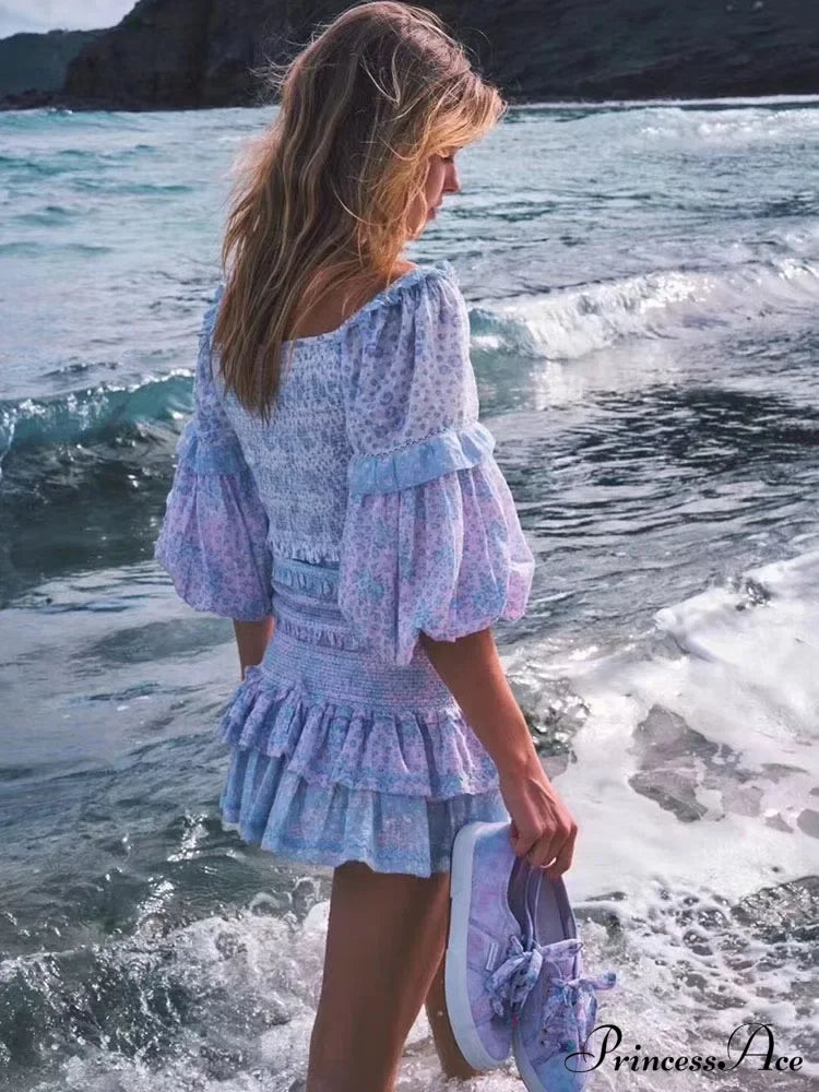 Sexy V-Neck Ruffle Floral Lantern Sleeve Boho Dress