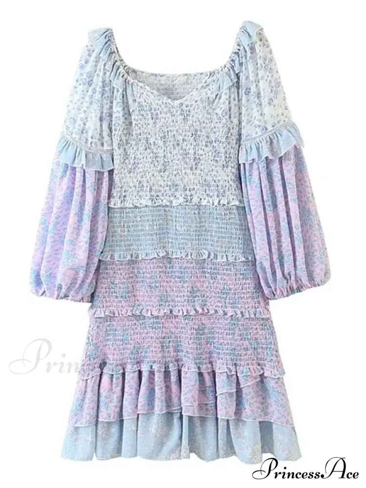 Sexy V-Neck Ruffle Floral Lantern Sleeve Boho Dress Lavender / S