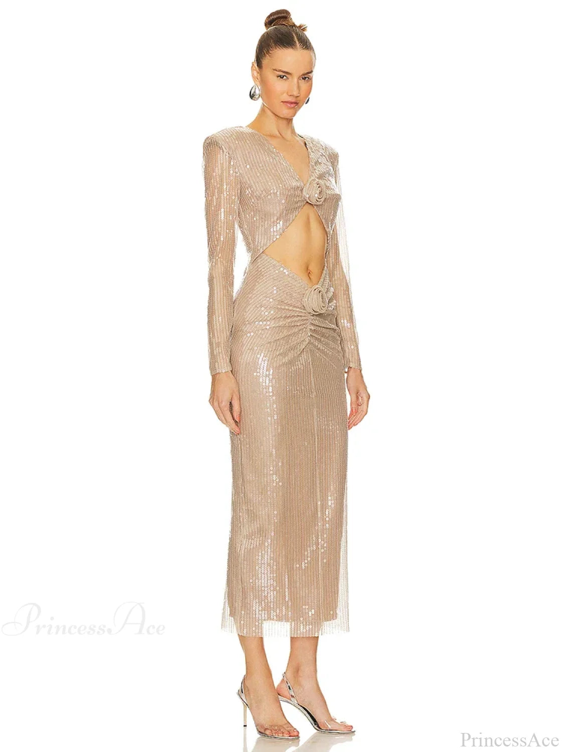 Sexy V Neck Sequins Cutout 3D Flower Dress Long Sleeves Christmas Party Dresses-L