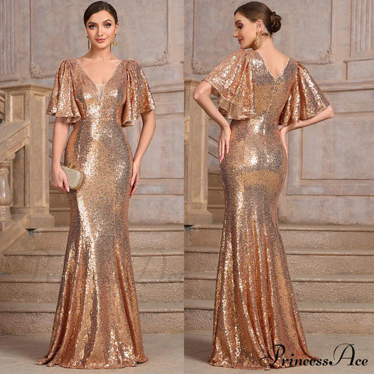 Sexy V-Neck Sequins Mermaid Party Dress Champagne / S Partydress-241208