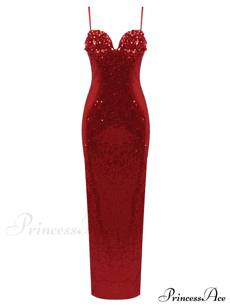 Sexy V Neck Spaghetti Straps Slit Long Dress Sleeveless Flower Christmas Party Red / S Dresses-L