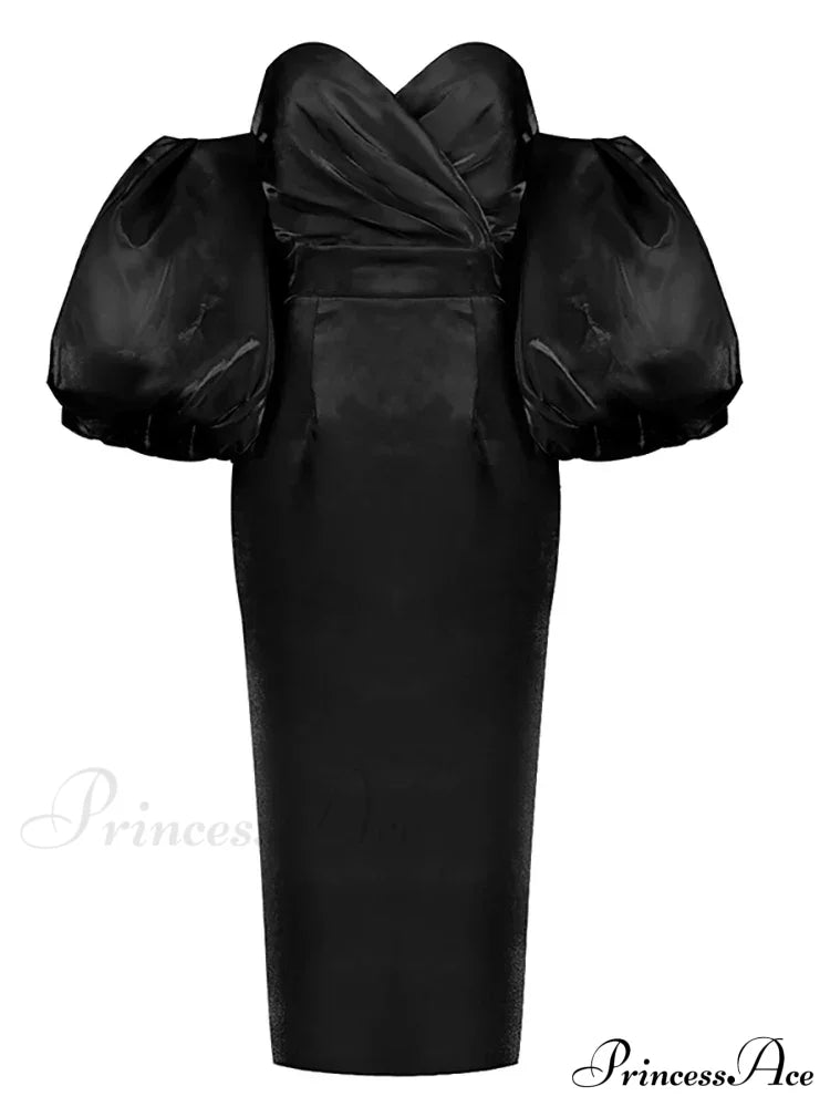 Sexy V-Neck Strapless Puff Sleeve Satin Midi Off Shoulder Christmas Party Dress Black / S Dresses-L