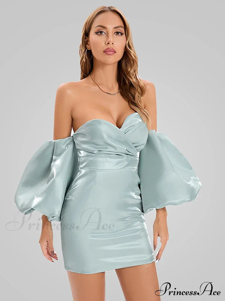 Sexy V-Neck Strapless Puff Sleeve Satin Midi Off Shoulder Christmas Party Dress Dresses-L