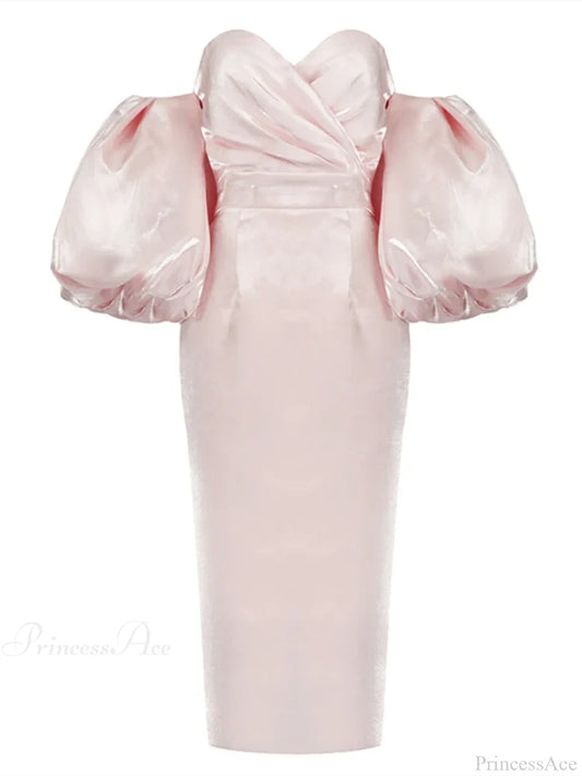 Sexy V-Neck Strapless Puff Sleeve Satin Midi Off Shoulder Christmas Party Dress Pink / S Dresses-L