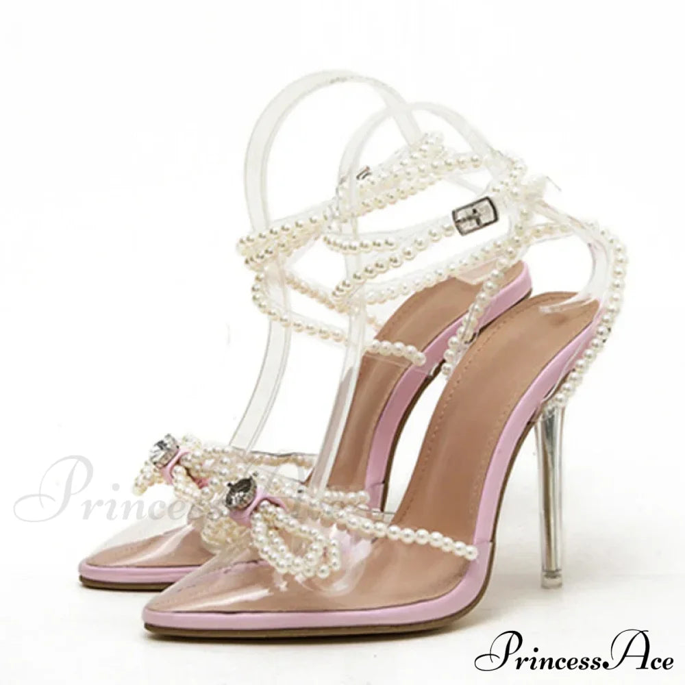 Sexy White String Bead Transparent High Heels Summer Fashion Butterfly-Knot Clear Sandals Pointed