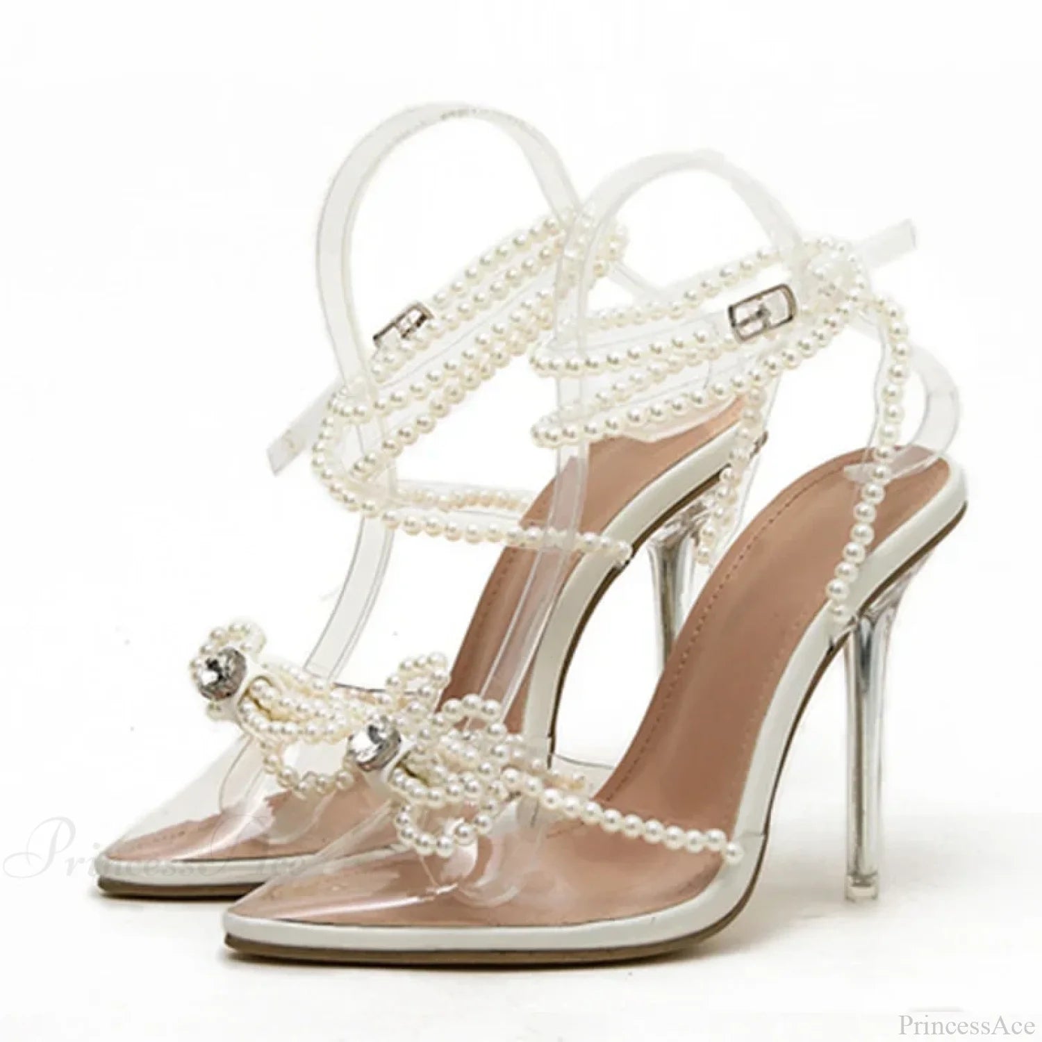 Sexy White String-Bead Transparentfashionable Butterfly-Knot Clear Pointed-Toe Summer Pumps High