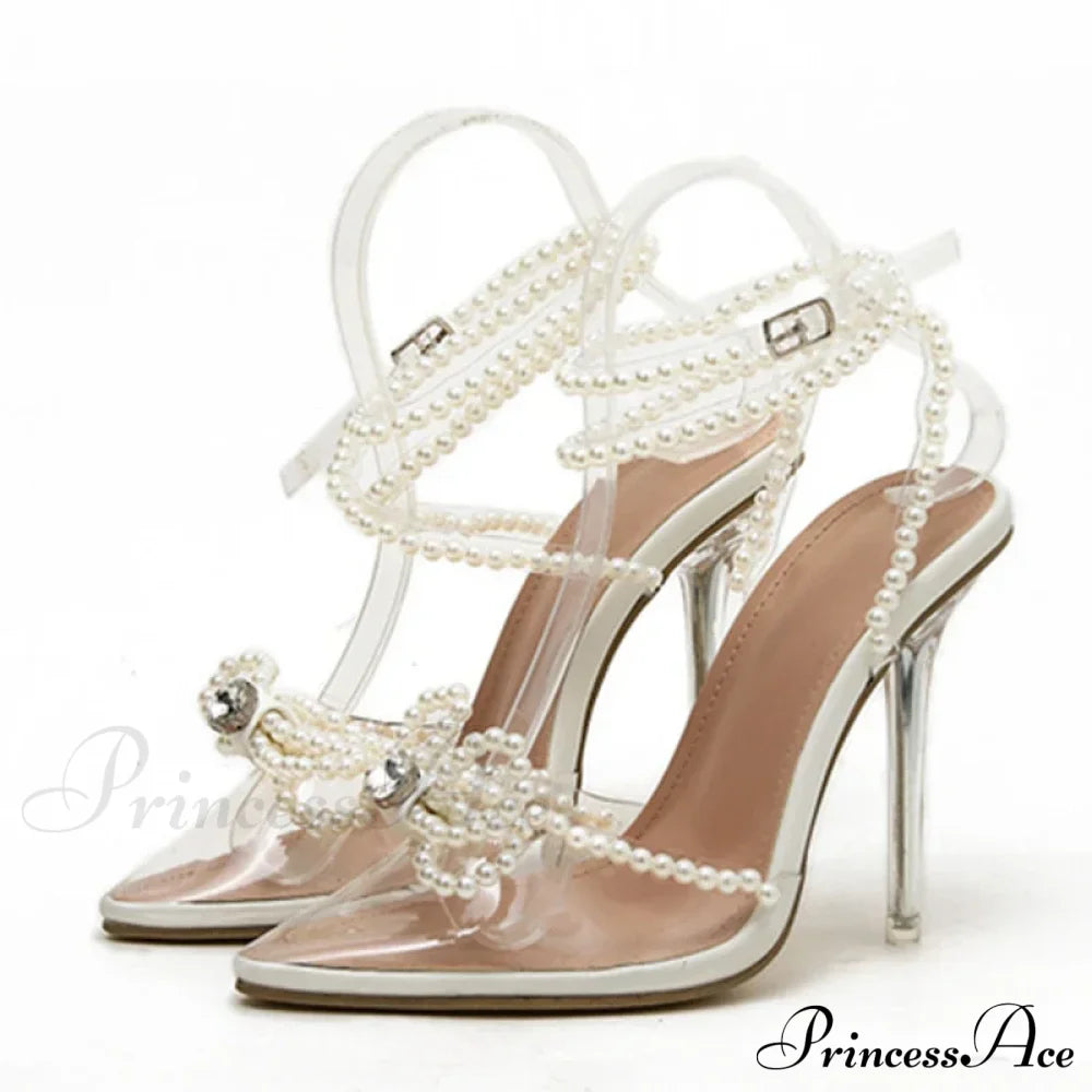 Sexy White String-Bead Transparentfashionable Butterfly-Knot Clear Pointed-Toe Summer Pumps High