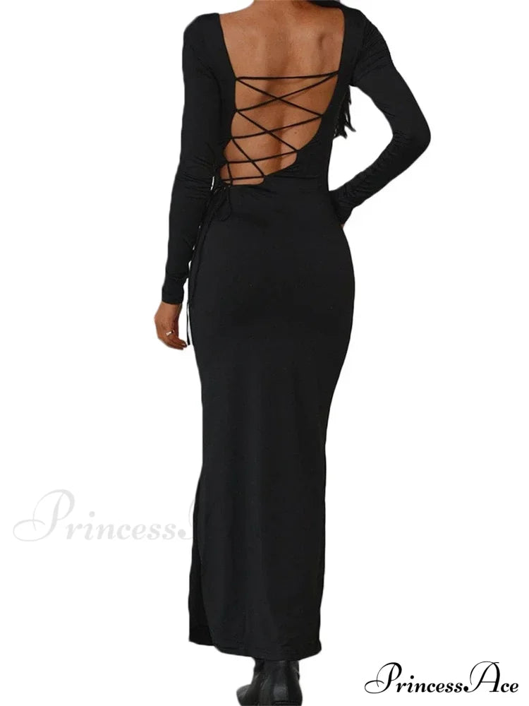 Sexy Women Backless Hollow Out Criss-Cross Tie-Up Sleeve Black Solid Slim Fit Party Vestidos