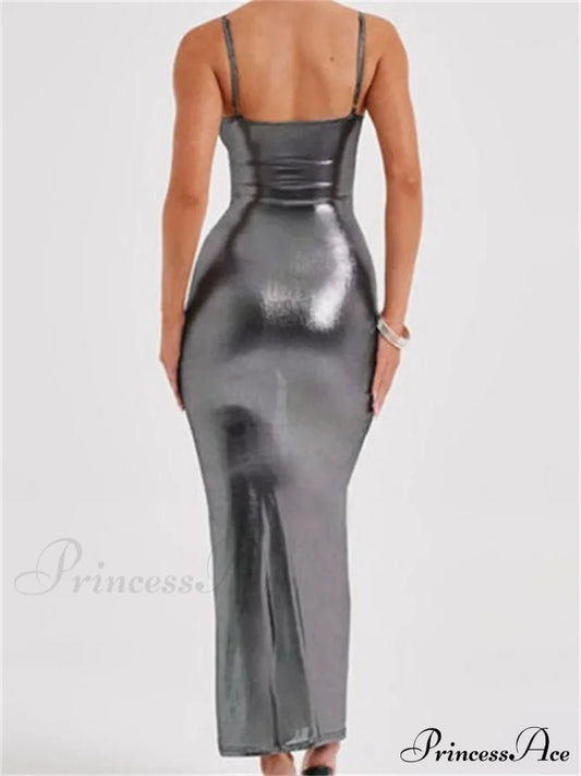 Sexy Women Bodycon Solid Metallic Sleeveless Strap Summer Backless Party Female Vestidos Streetwear