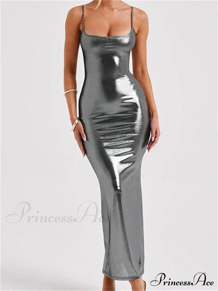 Sexy Women Bodycon Solid Metallic Sleeveless Strap Summer Backless Party Female Vestidos Streetwear