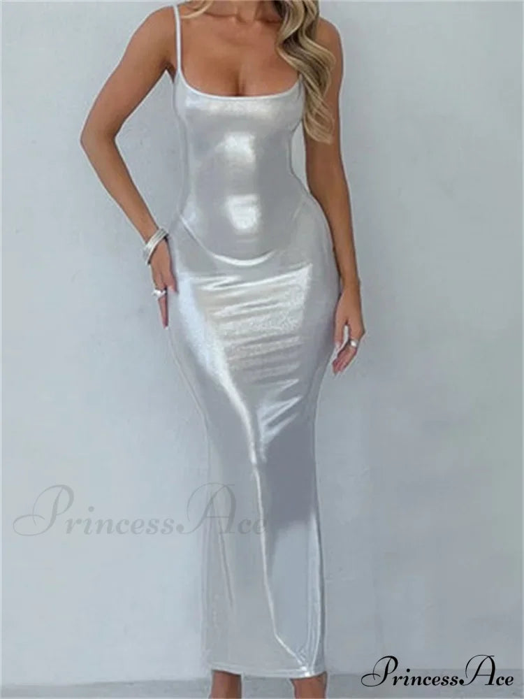 Sexy Women Bodycon Solid Metallic Sleeveless Strap Summer Backless Party Female Vestidos Streetwear