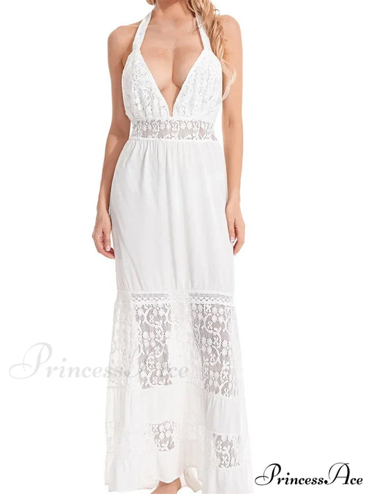 Sexy Women Bohemian Sleeveless Backless Halter Lace Patchwork Summer Beach Vacation Holiday Vestidos