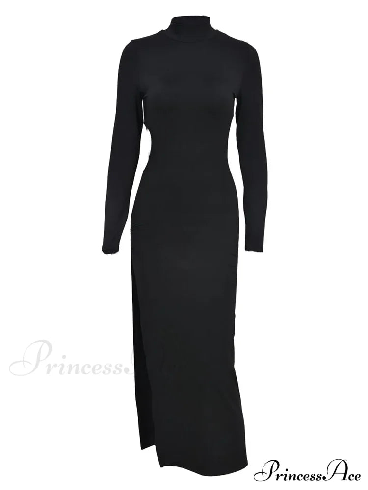 Sexy Women High Split Sleeve Neck Solid Evening Side Cutout Bodycon Female Vestidos