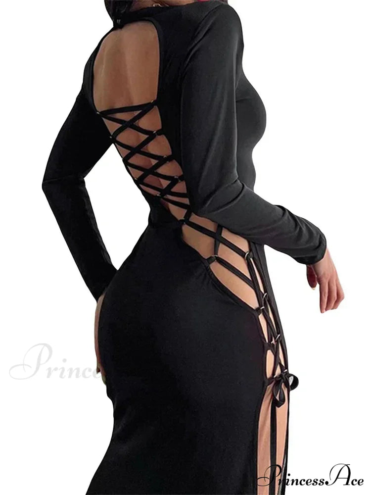 Sexy Women Hollow Out Backless Summer Sleeve High Split Tie Up Round Neck Party Vestidos