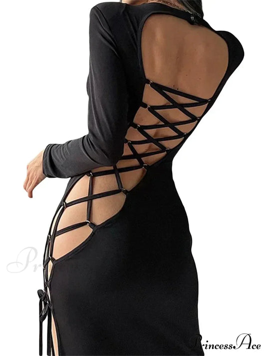 Sexy Women Hollow Out Backless Summer Sleeve High Split Tie Up Round Neck Party Vestidos