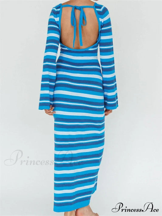 Sexy Women Knitted Sleeve Crew Neck Backless Tie-Up Striped Print Slim Fit Spring Fall Vestidos