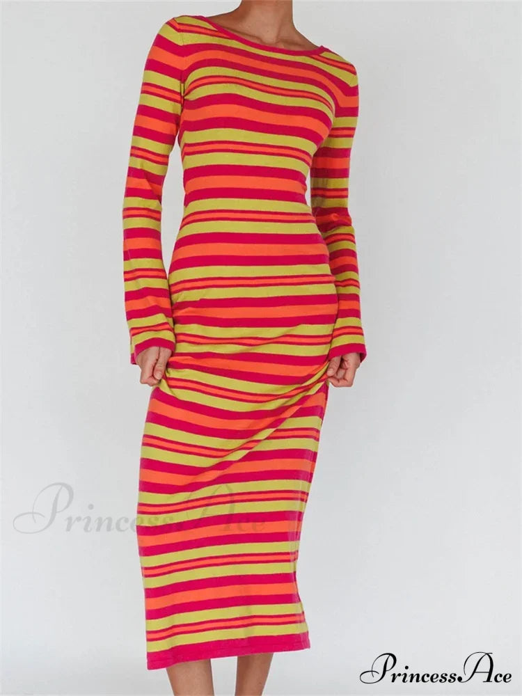 Sexy Women Knitted Sleeve Crew Neck Backless Tie-Up Striped Print Slim Fit Spring Fall Vestidos