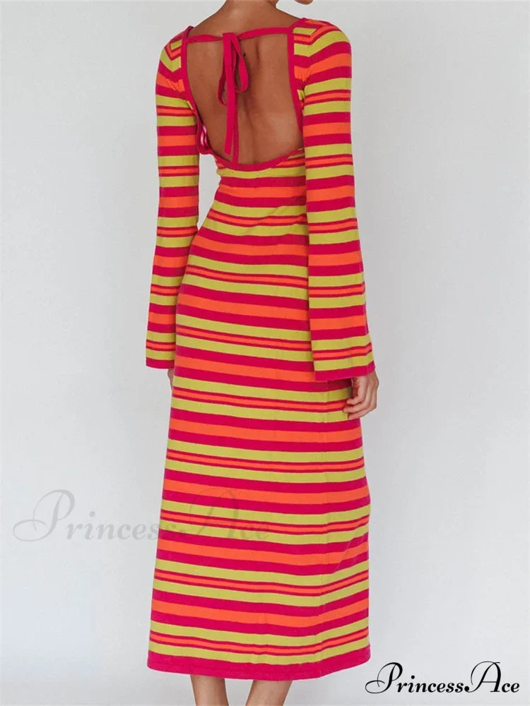 Sexy Women Knitted Sleeve Crew Neck Backless Tie-Up Striped Print Slim Fit Spring Fall Vestidos