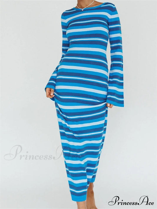 Sexy Women Knitted Sleeve Crew Neck Backless Tie-Up Striped Print Slim Fit Spring Fall Vestidos