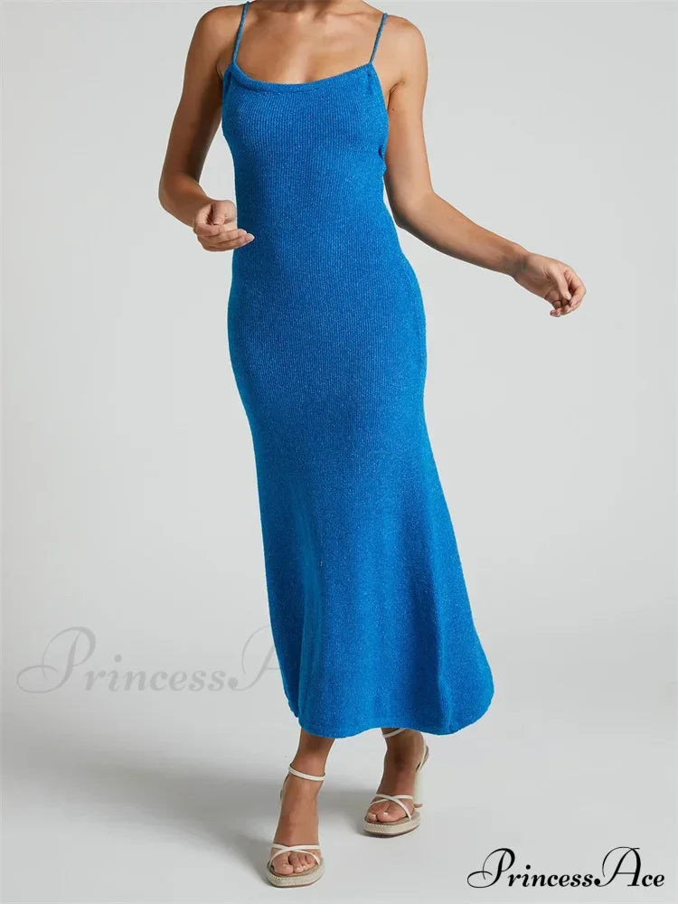 Sexy Women Knitted Summer Solid Color Sleeveless Spaghetti Strap Low Cut O-Neck Backless Vestidos