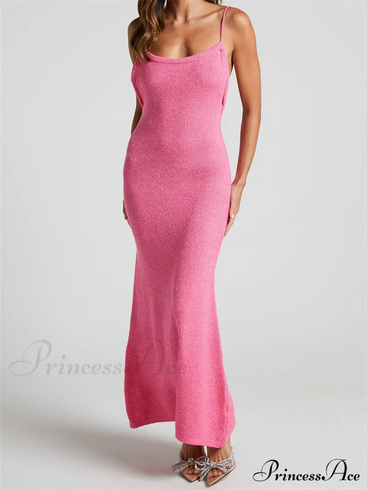 Sexy Women Knitted Summer Solid Color Sleeveless Spaghetti Strap Low Cut O-Neck Backless Vestidos