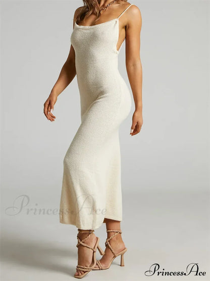 Sexy Women Knitted Summer Solid Color Sleeveless Spaghetti Strap Low Cut O-Neck Backless Vestidos