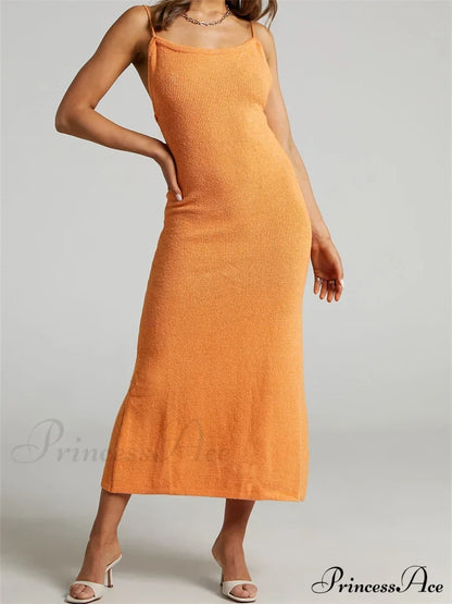 Sexy Women Knitted Summer Solid Color Sleeveless Spaghetti Strap Low Cut O-Neck Backless Vestidos