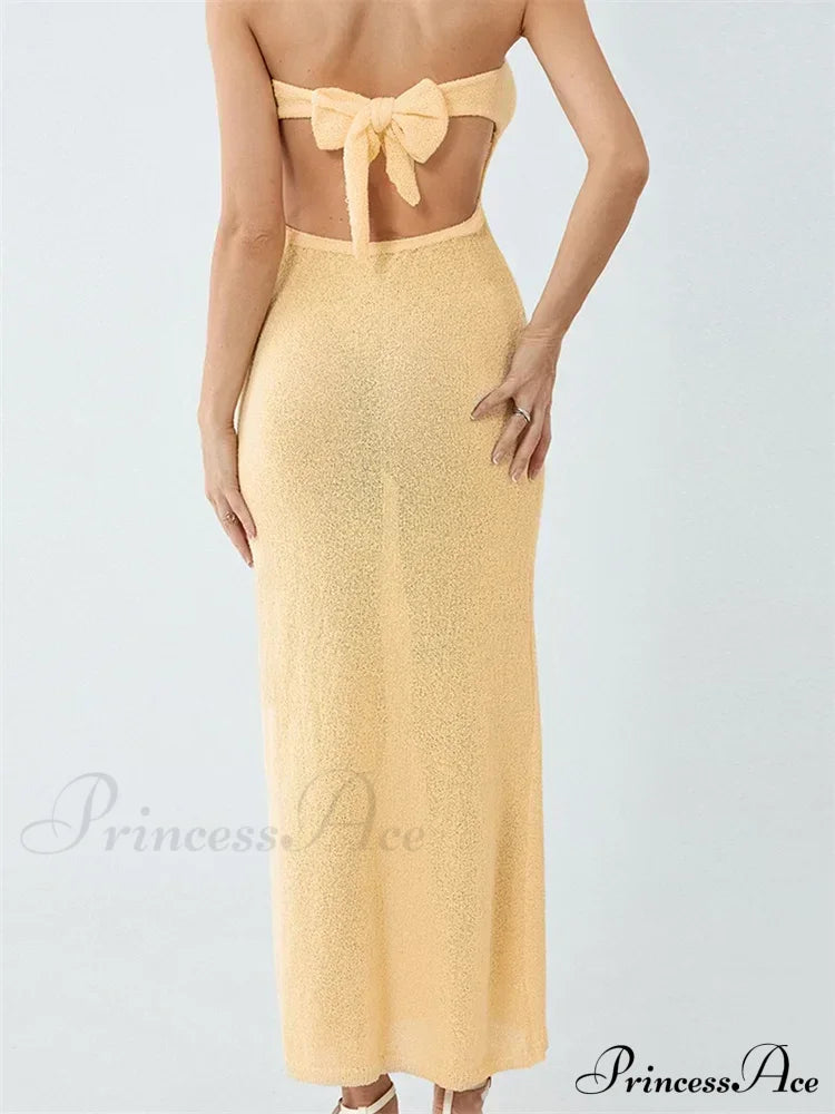 Sexy Women Knitted Tube Strapless Off Shoulder Solid Summer Tie-Up Backless Beach Female Vestidos