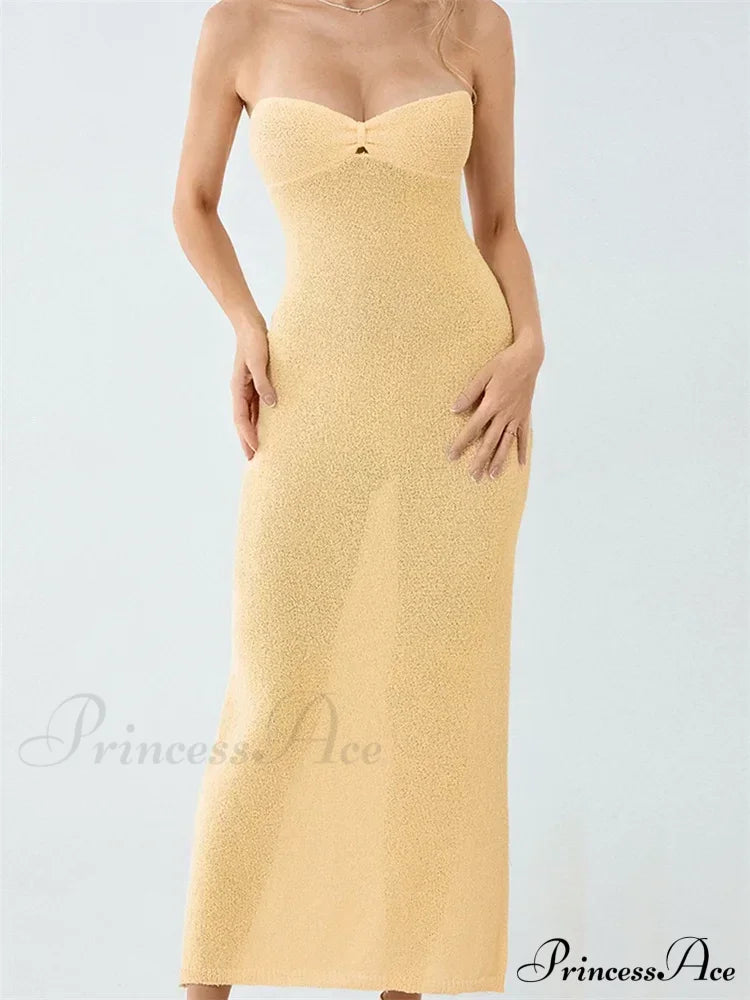 Sexy Women Knitted Tube Strapless Off Shoulder Solid Summer Tie-Up Backless Beach Female Vestidos