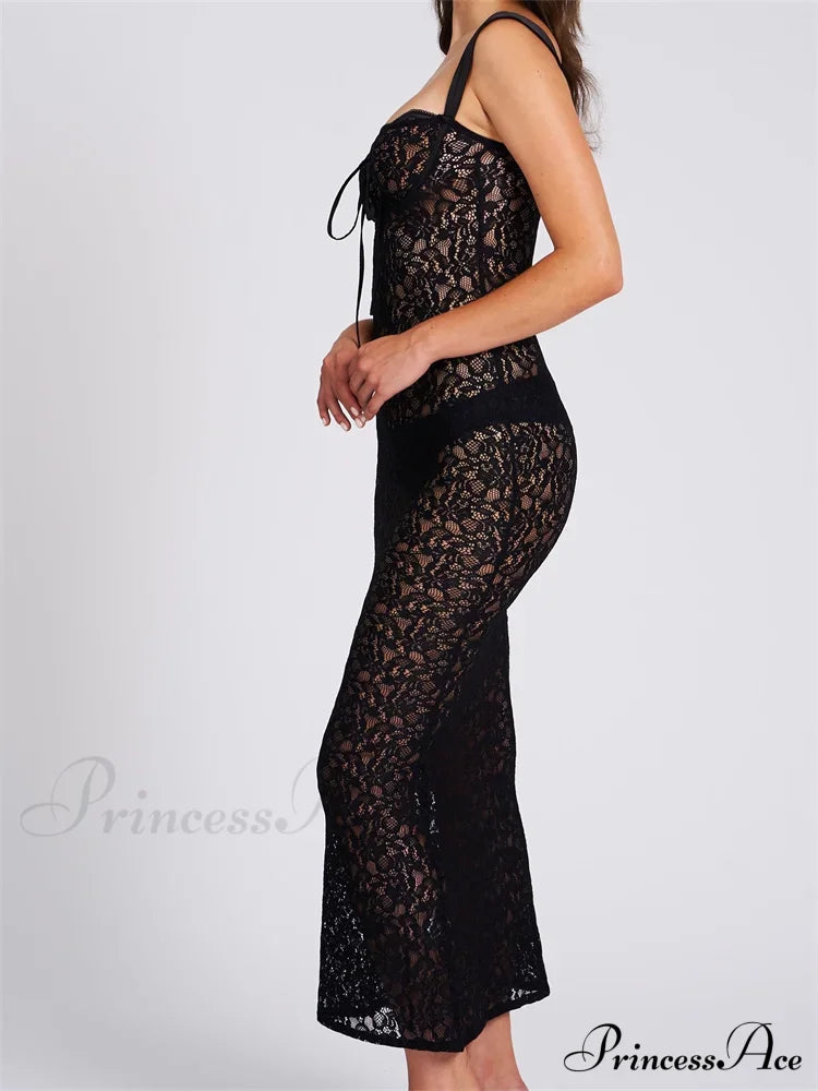 Sexy Women Lace Floral Sling Mesh See-Through Sleeveless Strap Low Cut Summer Backless Party Vestido