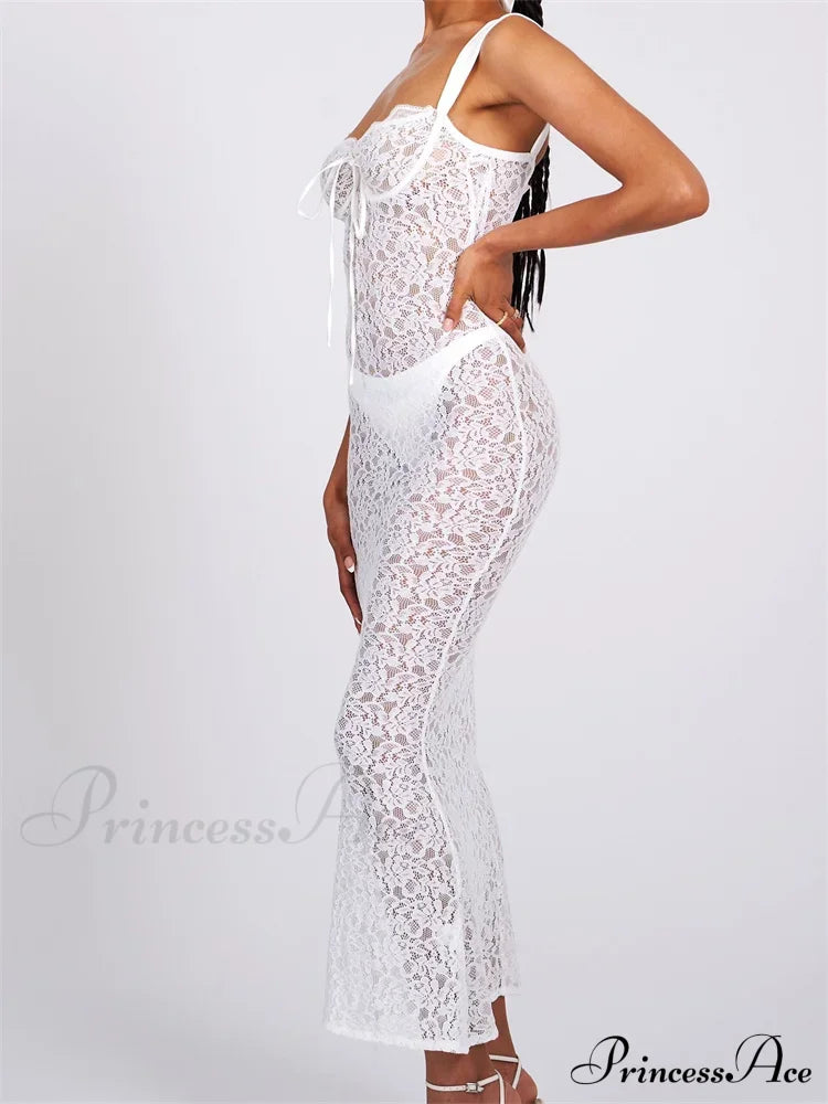 Sexy Women Lace Floral Sling Mesh See-Through Sleeveless Strap Low Cut Summer Backless Party Vestido