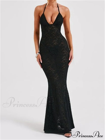 Sexy Women Lace Mesh See Through Summer Off Shoulder V-Neck Halter Black Beach Female Vestidos