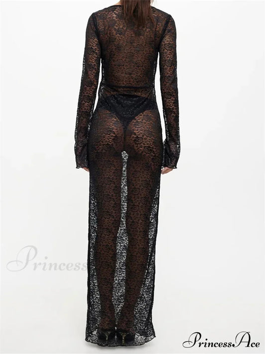 Sexy Women Lace Party Sleeve Crew Neck Front Hollow Out Cocktail Mesh See-Through Vestidos