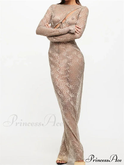 Sexy Women Lace Party Sleeve Crew Neck Front Hollow Out Cocktail Mesh See-Through Vestidos