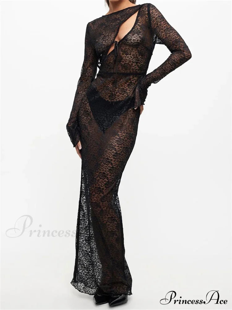 Sexy Women Lace Party Sleeve Crew Neck Front Hollow Out Cocktail Mesh See-Through Vestidos Black / S