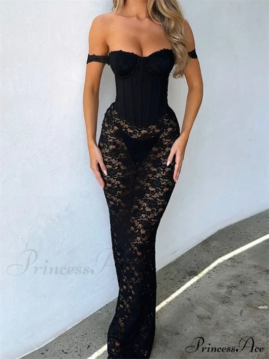 Sexy Women Lace Party Strapless Backless Patchwork See Through Black Slim Cocktail Vestidos New