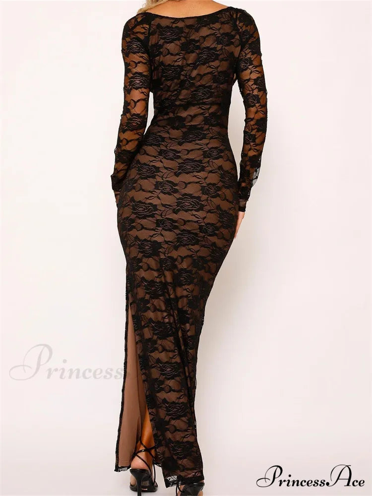 Sexy Women Lace Sleeve Low Cut Deep V-Neck Party Club With Bra Summer High Split Vestidos